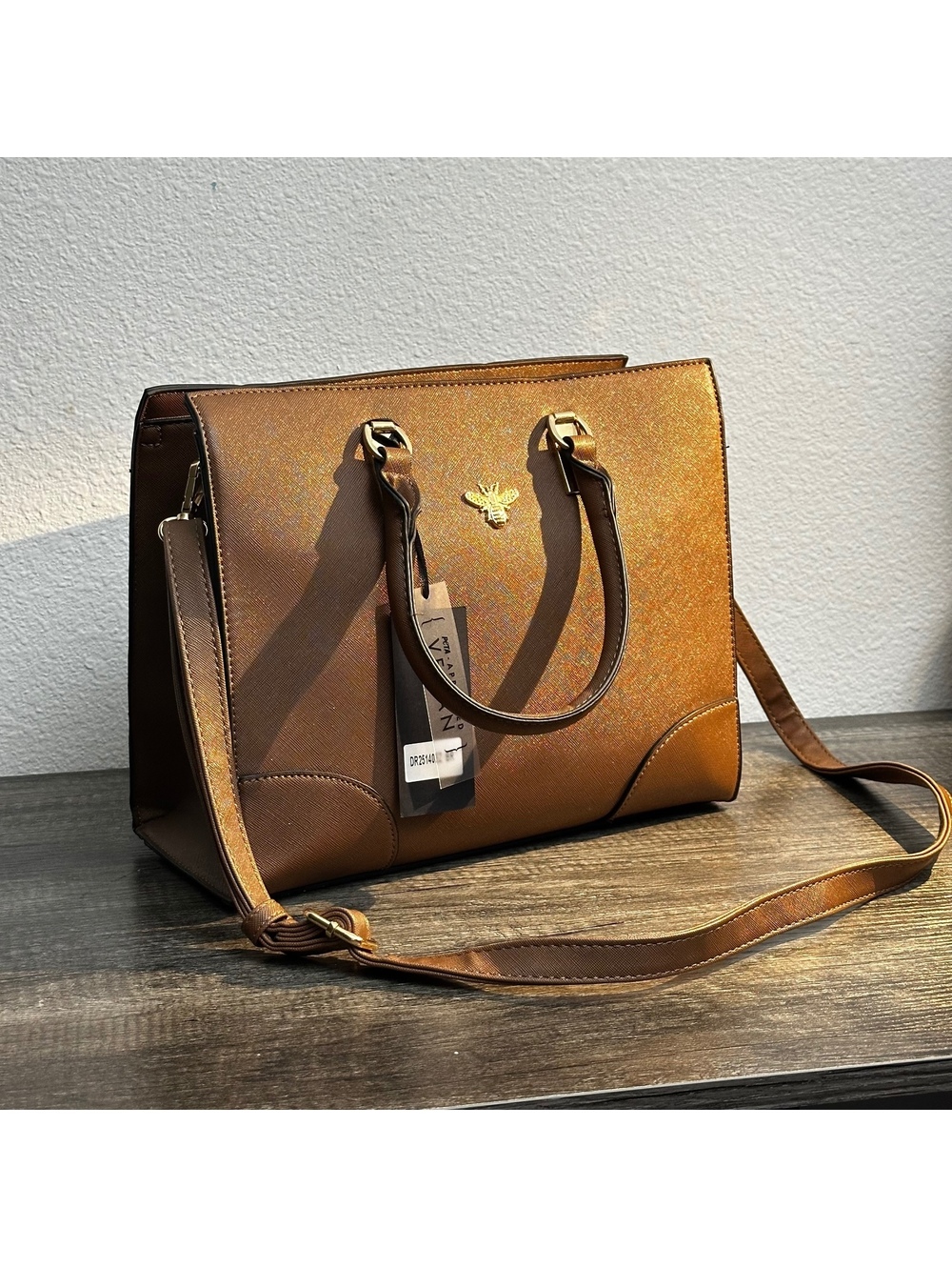 Deluxity Vegan Brown Structured Satchel Handbag with Gold Bee Accent